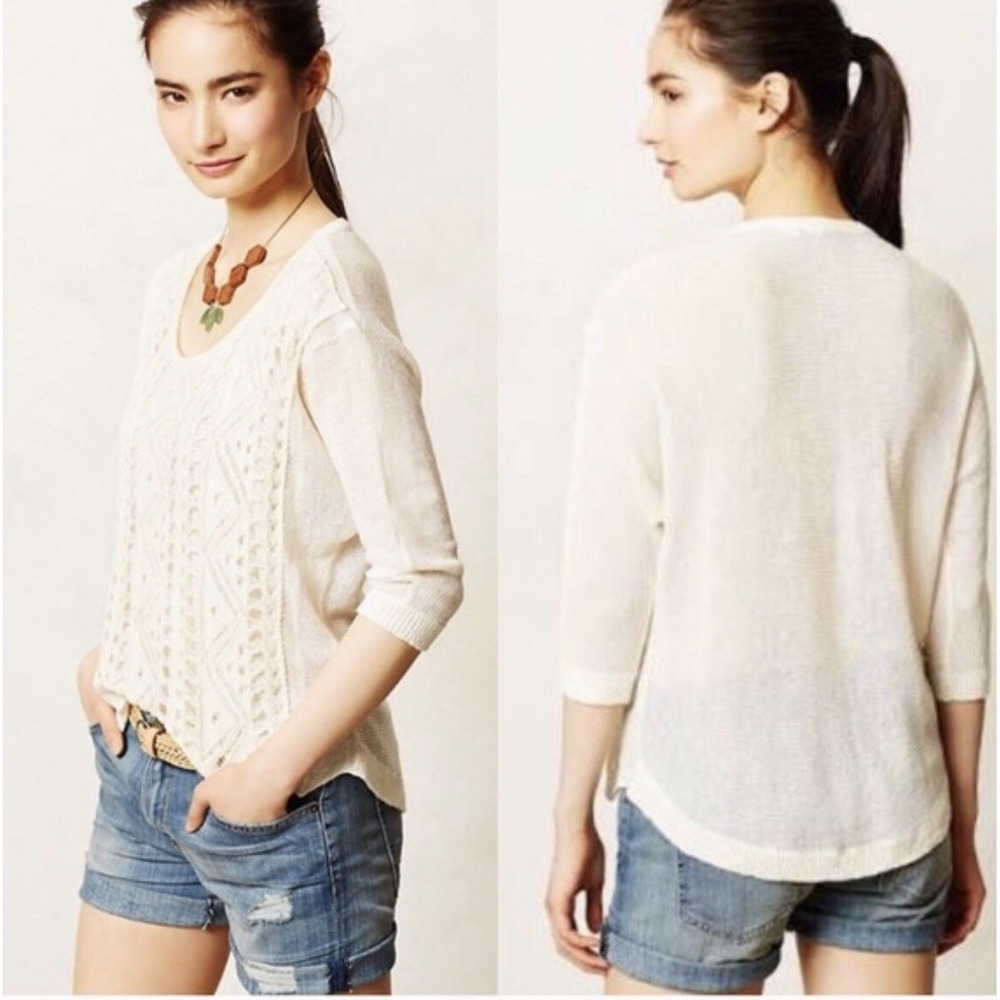 Anthropologie Moth Senna Crochet Sweater Women's S White High Low 3/4 Sleeve